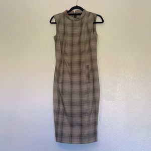 Zara light brown plaid mock neck sheath midi dress